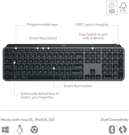Logitech MX Keys S Wireless Keyboard, Low Profile, Fluid Precise Quiet Typing, Programmable Keys, Backlighting, Bluetooth, USB C Rechargeable, for Windows PC, Linux, Chrome, Mac - Graphite - 5