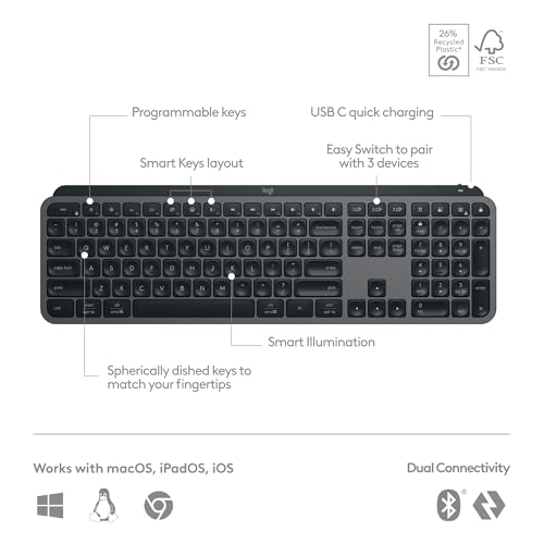 Logitech MX Keys S Wireless Keyboard, Low Profile, Fluid Precise Quiet Typing, Programmable Keys, Backlighting, Bluetooth, USB C Rechargeable, for Windows PC, Linux, Chrome, Mac - Graphite by Logitech - Image 6