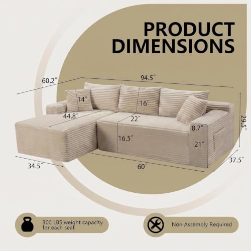 Image of 94.5 inch L Shaped Boneless Sectional Corduroy Couches for Living Room (Camel)