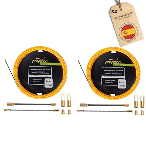 PROFERCA (2 Unidades) Guia Pasacables Profesional de 3mm y 15 metros de Poliéster Trenzado con Terminales Intercambiables | Accesorios de repuesto | Guía Electricista | Tubos Estrechos
