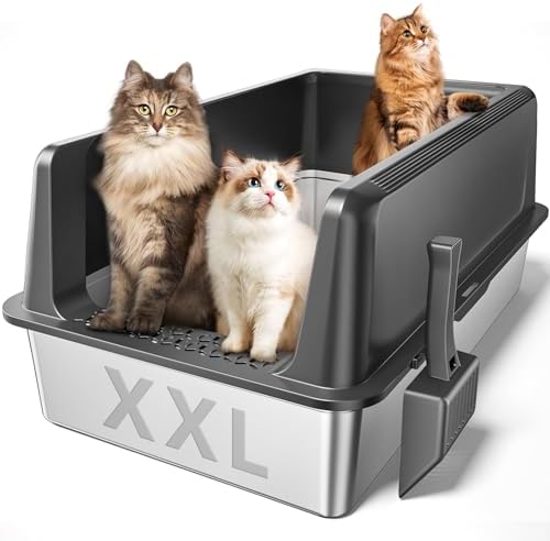Zarler Katzenklo Edelstahl mit Deckel, XXXL 70,6 L x 50,8 W x 33 H cm Katzenklo, Katzentoilette Edelstahl aus für große Katzen mit hohem Rand, Metal cat Litter Box, Grau, Nicht kle