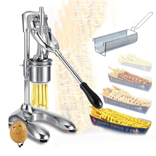 Sprezers de tiras de papa fritas, manual de 30 cm papas fritas prensa de papa máquina larga, 16 hoyos fritos de papa frita apretadores, papas fritas verticales máquina exprimidor con cesta a juego
