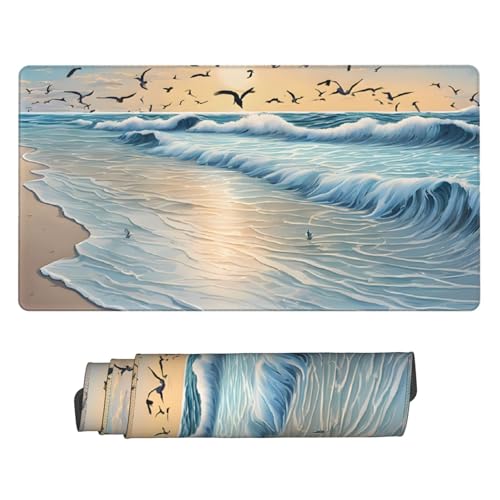 Tapis de souris long pour ordinateur portable avec décor vagues noires