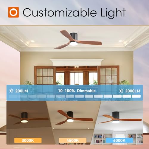 Image of addlon 52 Inch Flush Mount Ceiling Fans with Lights and Remote Control | Low Profile, solide wood, 3CCT dimmable light, quiet reversible DC motor, 6 speeds; bedrooms, living rooms, covered patios