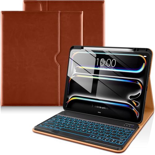 DTTO for iPad Pro 13 Inch Case 2024 with Keyboard (M4), 7 Colors Backlit Wireless Detachable Keyboard Premium Leather Folio Cover with Pencil Holder & Pocket, Brown