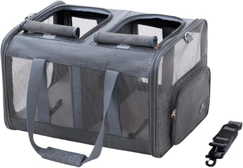Qfmr 猫 キャリーバッグ 折りたたみ 拡張 大型 猫 バッグ ペットキャリーケース 特大 軽量 荷重17.5 KG以内 猫 犬キャリー 通気性が良い 移動便利 猫 2匹用 小型犬 小動物 多頭 旅行 車用 ポータブルケージ ペット用キャリー (拡張不可