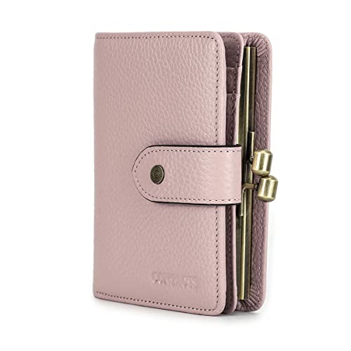 Full Grain Leather Kiss Lock Wallet for Women Small Kiss Clasp Coin Purse Red Bifold Card Holder with Rfid Blocking