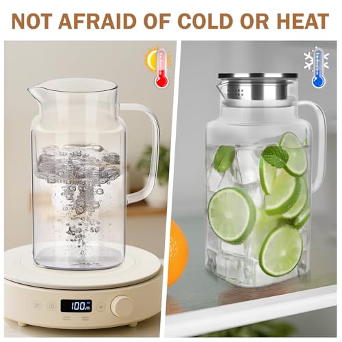 Caraffa Vetro 1,5 Litre Brocca Acqua Vetro con Coperchio in Acciaio Inossidabile,Trasparente e Resistente Calore Borraccia Bottiglie per Acqua Fredda e Calda,Succo di Frutta,Caffè,Tè - immagine 4