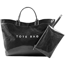 Lushandy PVC Tote Bag for Women Kraft Paper Letters Print Tote Bags Plastic Clear Top Handle Purse Hobo Handbag with Pouch