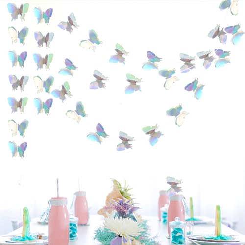 Image of BEISHIDA 5 Pieces Iridescent 3D Butterfly Paper Garland Hanging Decorative Banner for Home Ceiling Decor Birthday Party Baby Shower Wedding Theme Showcase Decoration Supplies Total 393 Inch Length