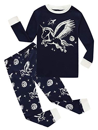 Unicorn Little Girls Glow in The Dark Long Sleeve Pajamas Sets 100% Cotton Sleepwears Toddler Kids Pjs Size 4T