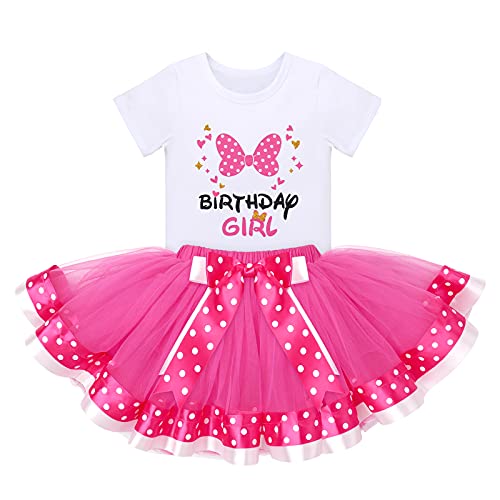 IDOPIP 3rd 4th 5th Birthday Girl Outfit Baby Toddler Shirt Top + Polka Dot Tutu Skirt + Mouse Ears Headband 3PCS Clothes Set for Princess Cake Smash Photo Shoot Dress Hot Pink Birthday Girl 4 Years