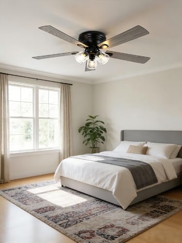 Image of 52 inch Flush Mount Vintage Ceiling Fan with Lights and Remote Control, Farmhouse Rustic Ceiling Fan Low Profile Fandelier Chandelier for Bedroom Living Room Kitchen, 3 E26 Bulbs (Not Included)
