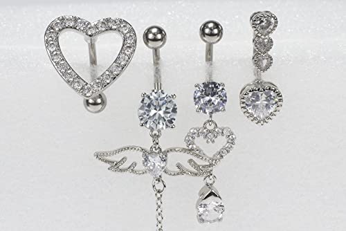 14G Surgical Steel Belly Button Rings Round/Love Heart Clear Cz Navel Curved Barbell Studs Sexy Body Piercing (4Pcs - Steel - Style A) #TOP4