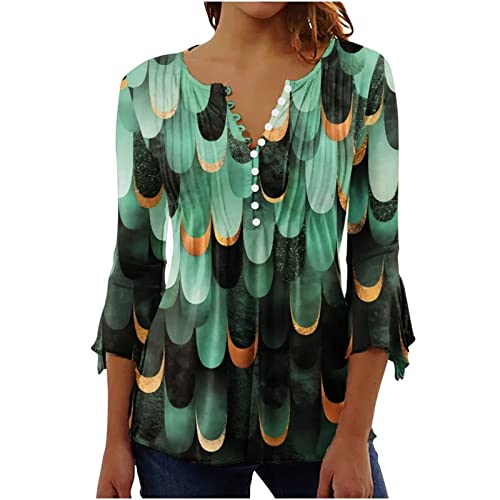 Loaiha Women's Elegant Button V-Neck Blouses Floral Print Summer Casual Bell Sleeve Shirts Large #TOP13