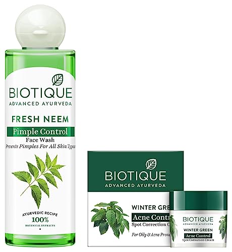 Image of Biotique Bio Neem Purifying Face Wash, 200 ml & Biotique Bio Winter Green Spot Correcting Anti Acne Cream, 15g