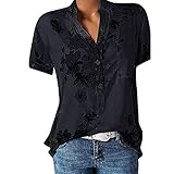 Blusen & Tuniken für Damen Bluse Kurzarm V-Ausschnitt Hemdbluse Sommer Shirt Blumen Knopfleiste Tunika Tops Oversize Locker Oberteil Longshirt Hemd (Grau, 4XL)