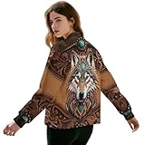 Pinupub Vintage Wolf Jackets Women Casual Stand Collar Zip Up Bomber Jacket Lightweight Fall Comfy Long Sleeve Coat Spring Graphic Shacket with Pockets Size L
