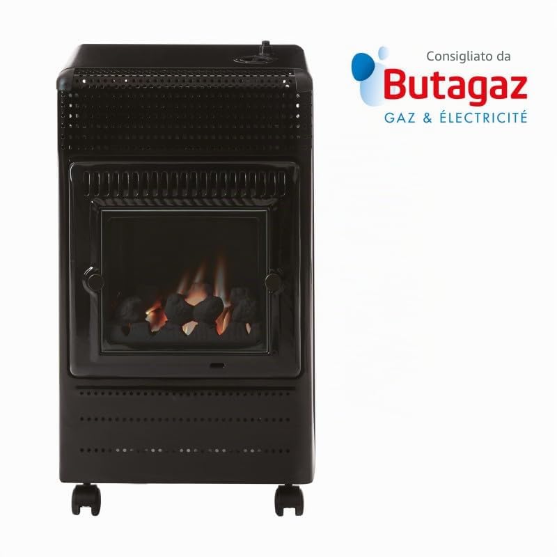 FAVEX - Riscaldatore supplementare a gas Ektor Fire – Pronto all’uso con tubo e riduttore – Interno – Infra Blu effetto fuoco da caminetto – 3 potenze – fino a 35 m² – Nero