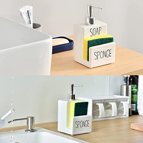 Lumi Dish Soap Dispenser With Sponge Holder - Ceramic Sponge Holder Farmhouse Sink Accessories - Kitchen Soap Dispenser With Sponge Holder - Size 3.9X3.9X7.3In (White) #TOP6