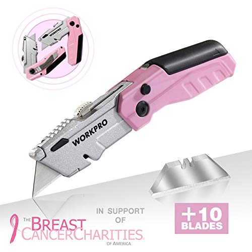 WORKPRO Folding Utility Knife, Quick-Change Pink Box Cutter with Blade Storage Compartment Hidden