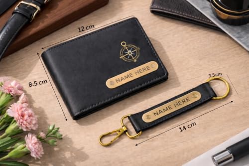 Image of Premium Customized Wallet & Keychain Combo for Men - Stylish Nexon Leather Gift Set with Personalized Name & Charm - Ideal Birthday, Anniversary & Festival Present (Black)