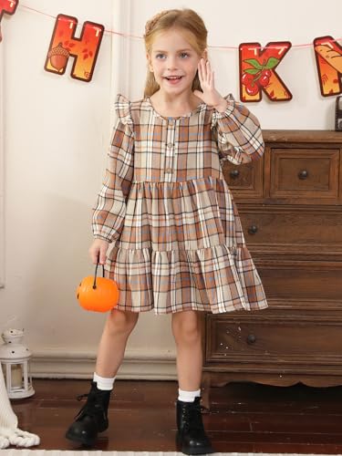 Toddler Baby Girls Dress Plaid Ruffle Flannel Long Sleeve Button Zip A-Line Tiered Dress Fall Winter Outfits4