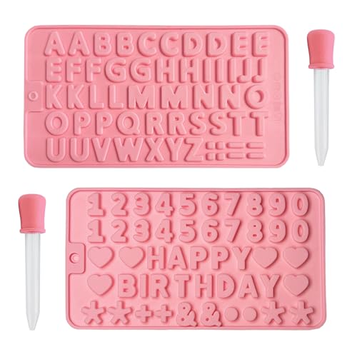 2 pcs Number Chocolate Molds and Letter Silicone Molds with 2 Droppers Cake letter Decorations silicone molds for baking chocolate gummy candle jello cookies