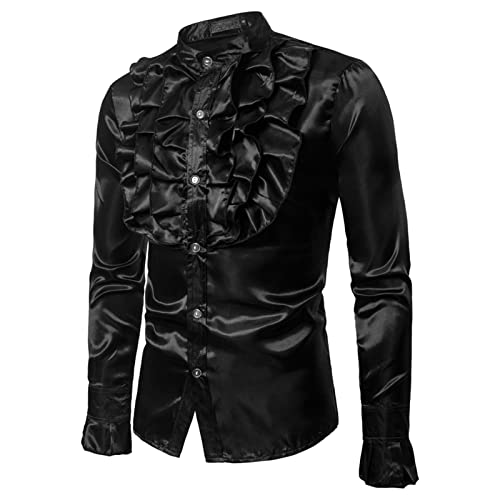 XIXIMAON Chemise à Volants Homme Slim Fit Chemise Médiévale Gothique Vintage Chemise Boutonnée à Manches Longues et Col Montant (Noir, XL) Cover
