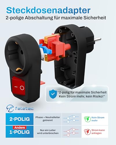 feletec schaltbare Steckdose mit Schalter, Steckdosenschalter 2-polig, Schaltsteckdose mit Kindersicherung, 2 Stück