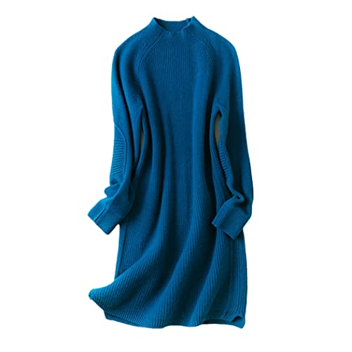 Robe en pur cachemire premium col montant FULBHPRINT en bleu paon élégant