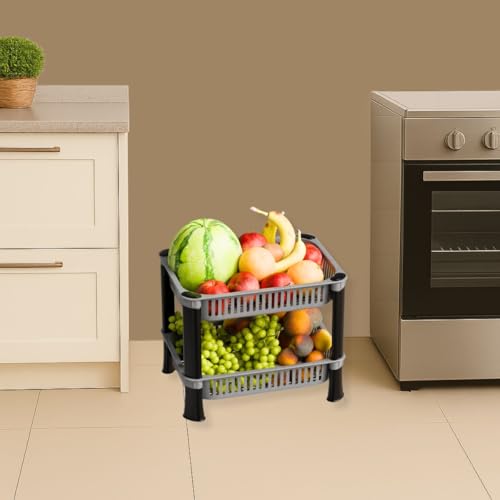 Image of Plastic Kitchen Rack, Multipurpose Vegetable & Fruit Storage Basket Organizer for Home, Pantry & Kitchen - Strong & Easy to Assemble (2 Layer, Silver)