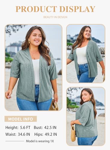 Image of Eytino Plus Size Cardigan for Women Half Sleeve Knitted Jacquard Summer Kimono Cover up Tops(1X-5X)