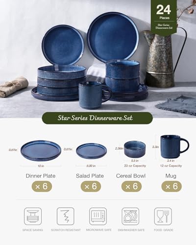 Image of Famiware Star 24-Piece Stoneware Dinnerware Sets, Service for 6 - Reactive Glaze Mugs, Plates and Bowls, Dishes for Everyday /Formal Use, Chip /Scratch Resistant, Microwave /Dishwasher Safe, Nebulas Blue