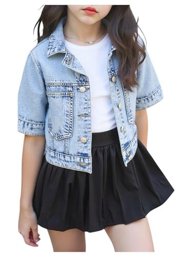 Floerns Girl's Short Sleeve Denim Jacket Button Down Collared Neck Jean Outerwear Coat