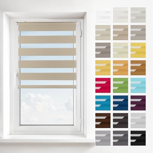 Estika Doppelrollo ohne Bohren – 2-in-1 Montage (Klemmfix, Wand oder Decke) – Sandstrand – 90 × 220 cm – Rollo für Fenster innen