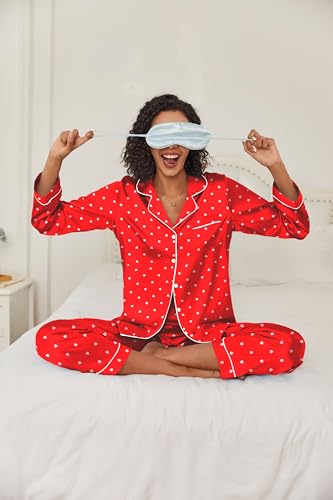Image of Ekouaer Women's Classic Button Down Long Satin Silk Pajama Set