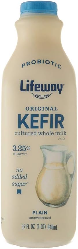 Lifeway Whole Milk Kefir, Plain, 32 Ounce, 8g Protein, 12 Live Active Cultures