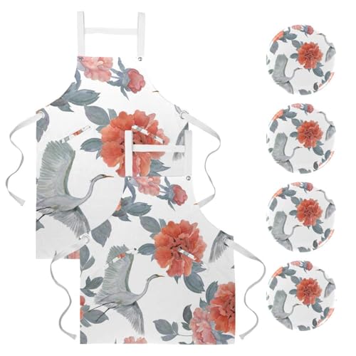Tablier de cuisine lot de 2 élégance pivoine chinoise et grues volantes pour bistrot et bar
