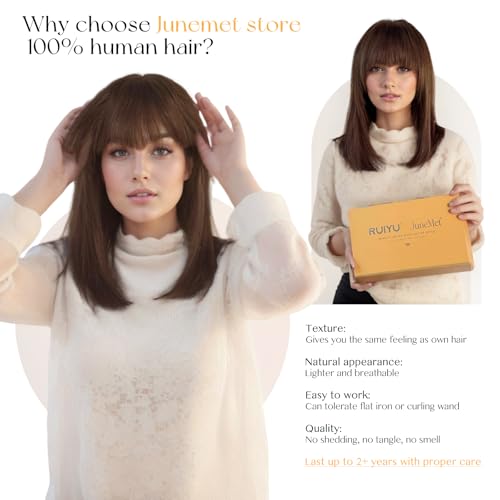 Image of 6x4 Lace Brown Bob Human Hair Wig with Bangs human hair wigs for white women Layered Lace Front Closure Curtain Bangs Wear and Go Glueless 100% Real Human Hair Wigs for White Women 16 Inch