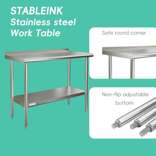 Image of STABLEINK NSF Stainless Steel Table 48x24 Inches 4ft, Metal Prep & Work Table with Backsplash and Adjustable Undershelf, for Commercial Kitchen, Restaurant, Hotel, Laundry and Garage