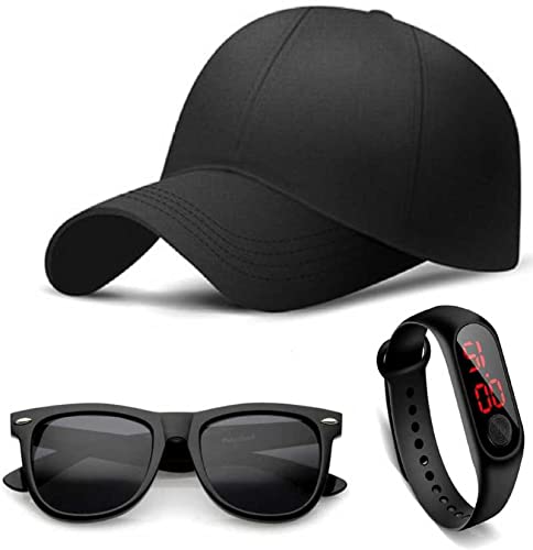 GOOD FEEL Self Design, Solid, Embroidered Brand - A New Combo Pack of 3 Stylish dial Watch + Stylish Sport Baseball Cap + Stylish Wayfarer Sunglass for Mens and Boys Cap (Pack of 3) Black