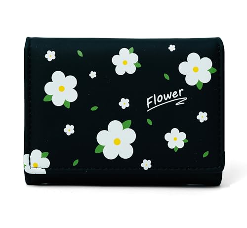 Image of INOVERA (LABEL) Flower Wallets for Women, Girls - Stylish Faux Leather Trifold Cash, Cards Holder Wallet - Small Hand Purse (Black)
