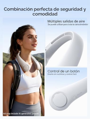 Miniatura 4 de Jisulife Ventilador De Cuello Portátil, 4000 Mah Ventilador Cuello Usb Recargable Con, Ventilador De Cuello Colgante Sin Hojas Con 3 Velocidades- Gris