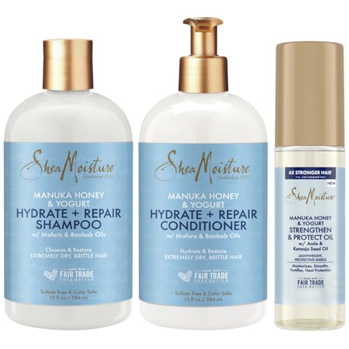 Shea Moisture Shampoo & Conditioner Set + Strengthen & Protect Oil Gift Set – Manuka Honey & Yogurt Hydrate + Repair, Hair Treatment for Dry, Damaged Hair (3 Piece Set)
