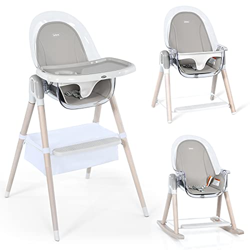 Image of INFANS 4 in 1 Wooden Baby High Chair, Rocking Chair/Booster Seat/Toddler Chair Infant Dining Chairs w/Double Removable Tray, 3-Point Seat Belt & Removable Cushion (Gray)
