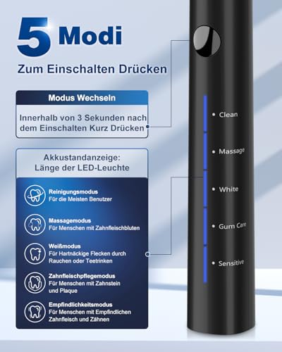 Elektrische Zahnbürste, Schallzahnbürste, Zahnbürste Elektrisch 45000VPM, Aufhellung Der Zähne In 1 Woche, 120 Tage Akkulaufzeit, Batteriestandsanzeige, 6 DuPont-Bürstenköpfe, 5 Modi, Timer, Schwarz – Bild 4