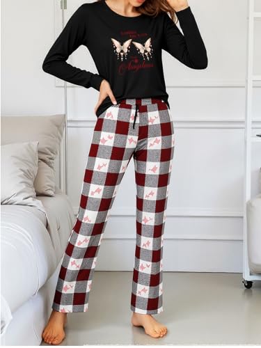 Conjunto de Pijama de Manga Larga para Mujer, gráfico Casual Divertido, Camiseta de Dormir a Cuadros, Pantalones cómodos, Ropa de Descanso Suave para Relajarse, Negro Rojo, Large