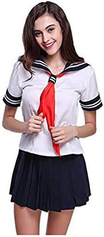 Evalent Japanese Anime Clothes Classic Navy Sailor Suit Short Sleeve Girl Students School Uniforms White (S)