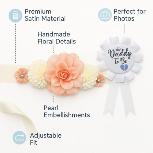 Image of Wanna Party Maternity Sash Floral Waistband and Corsage Set - Floral Belly Band with Dad to Be Pin for Baby Shower Party Decorations and Pregnancy Photoshoot Gift